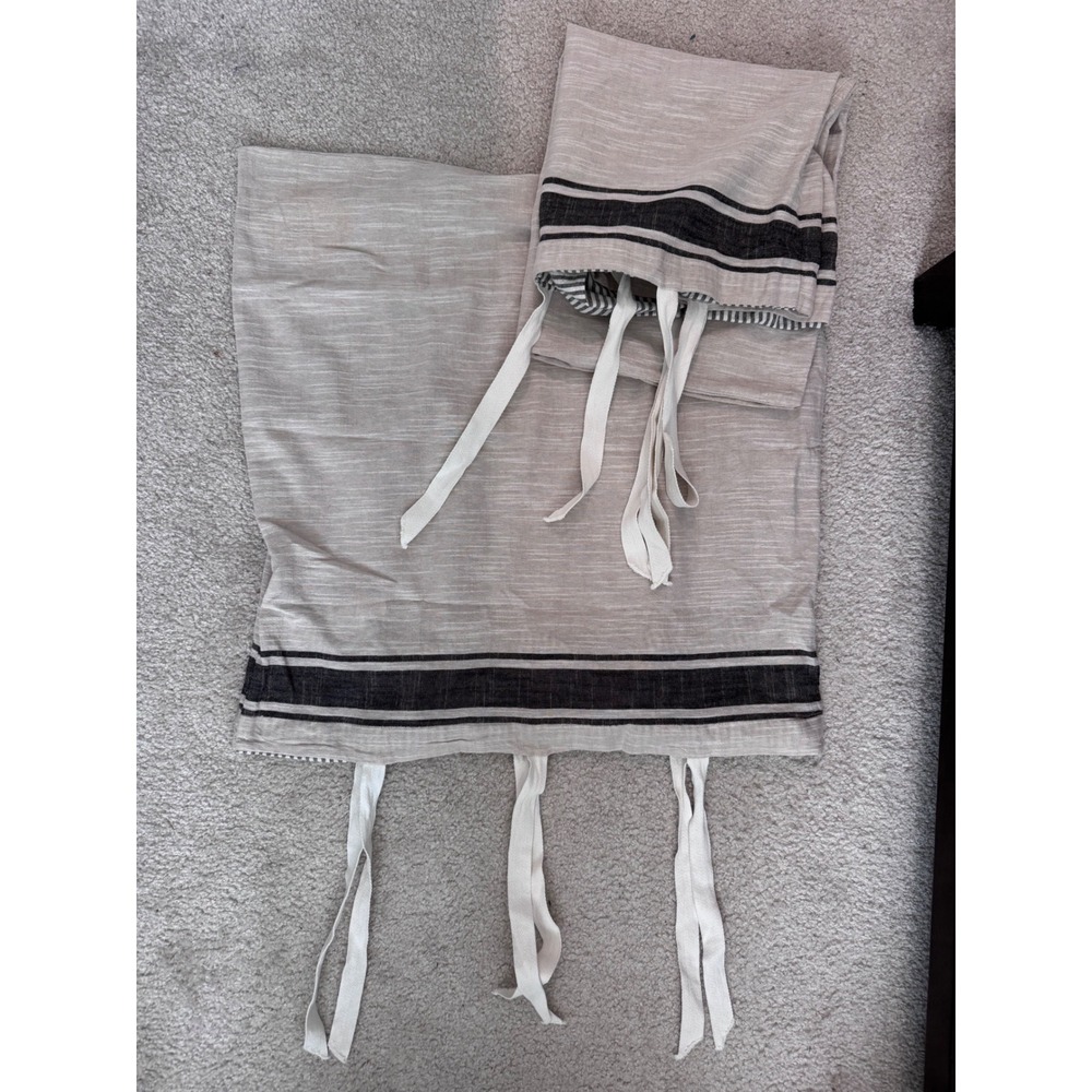 Pottery Barn Euro Sham Set of 2 Oatmeal Black Striped Cotton Linen 26x26 Tie bow